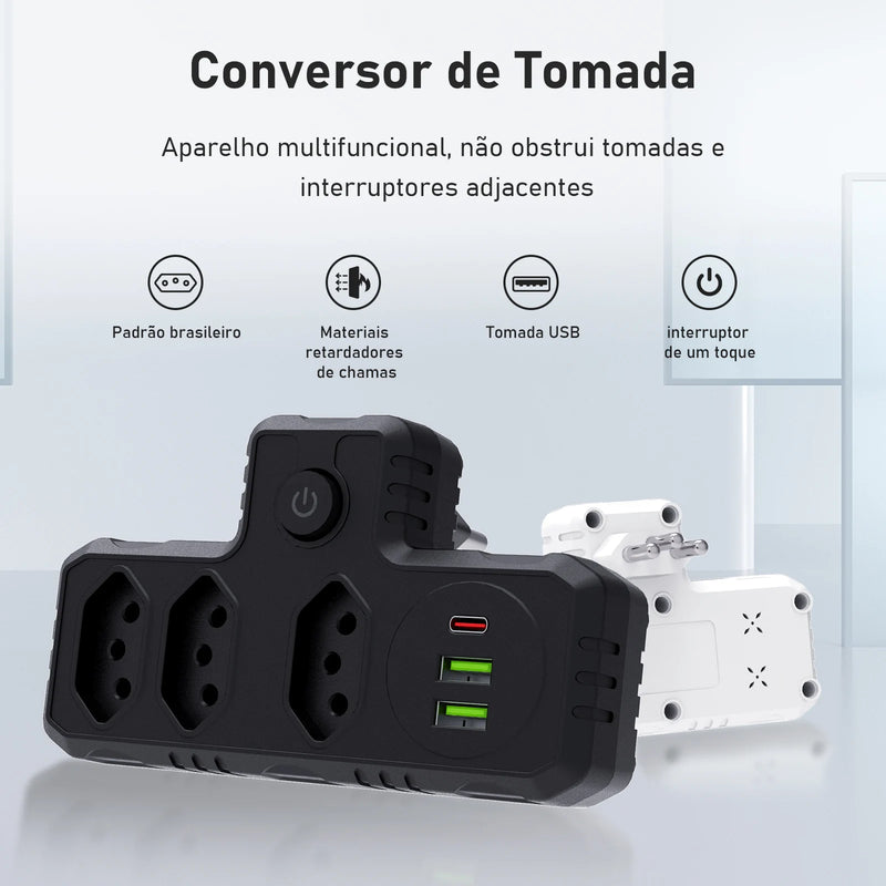 Estação de Carregamento USB + Tomadas EU/BR