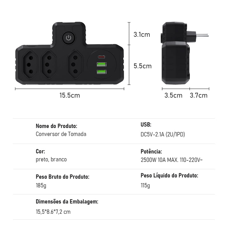 Estação de Carregamento USB + Tomadas EU/BR