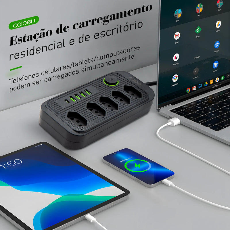 Estação de Carregamento USB + Tomadas EU/BR