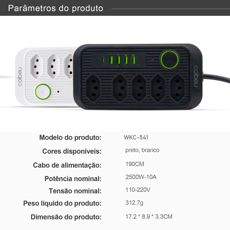 Estação de Carregamento USB + Tomadas EU/BR